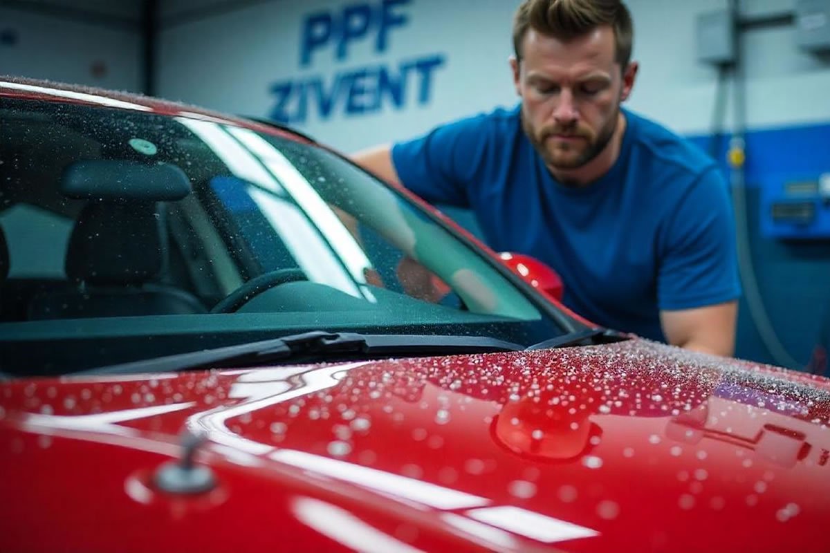 Técnico aplicando PPF sobre carro rojo para proteger la pintura contra rayones y agentes externos.