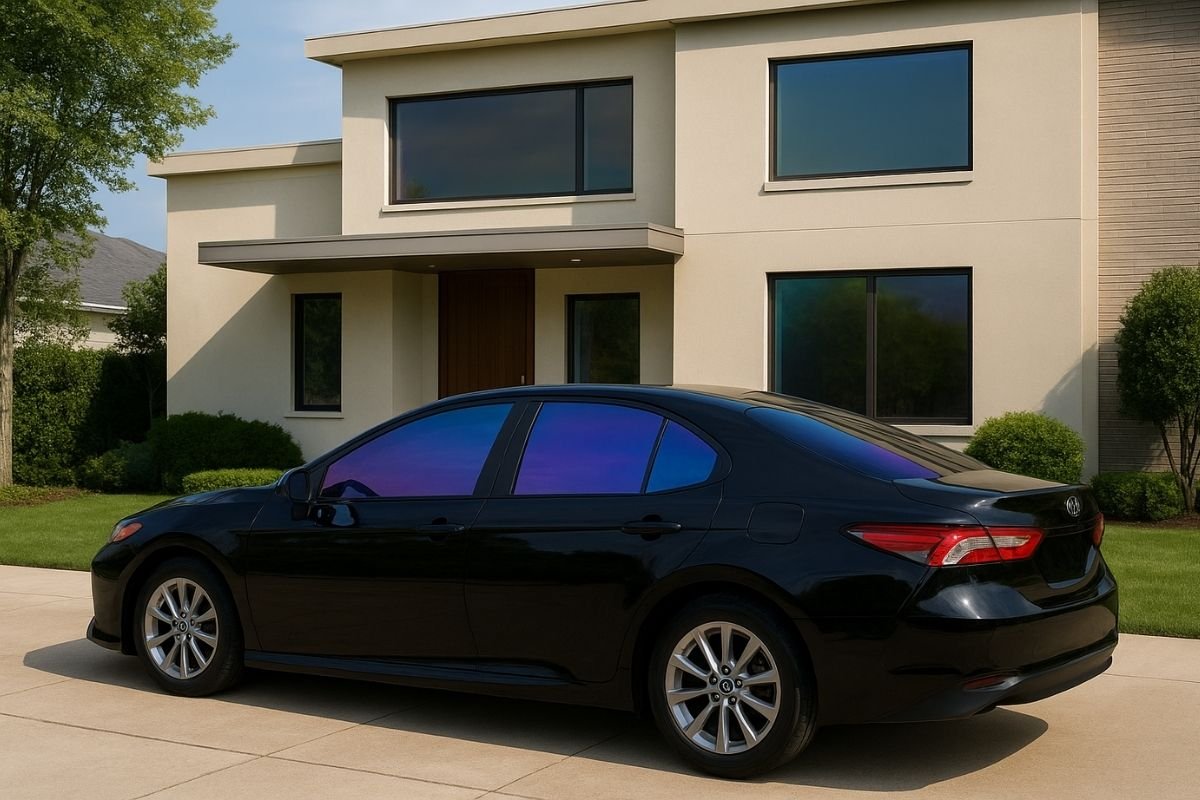 Carro negro con vidrios polarizados camaleón y vivienda residencial con ventanas polarizadas