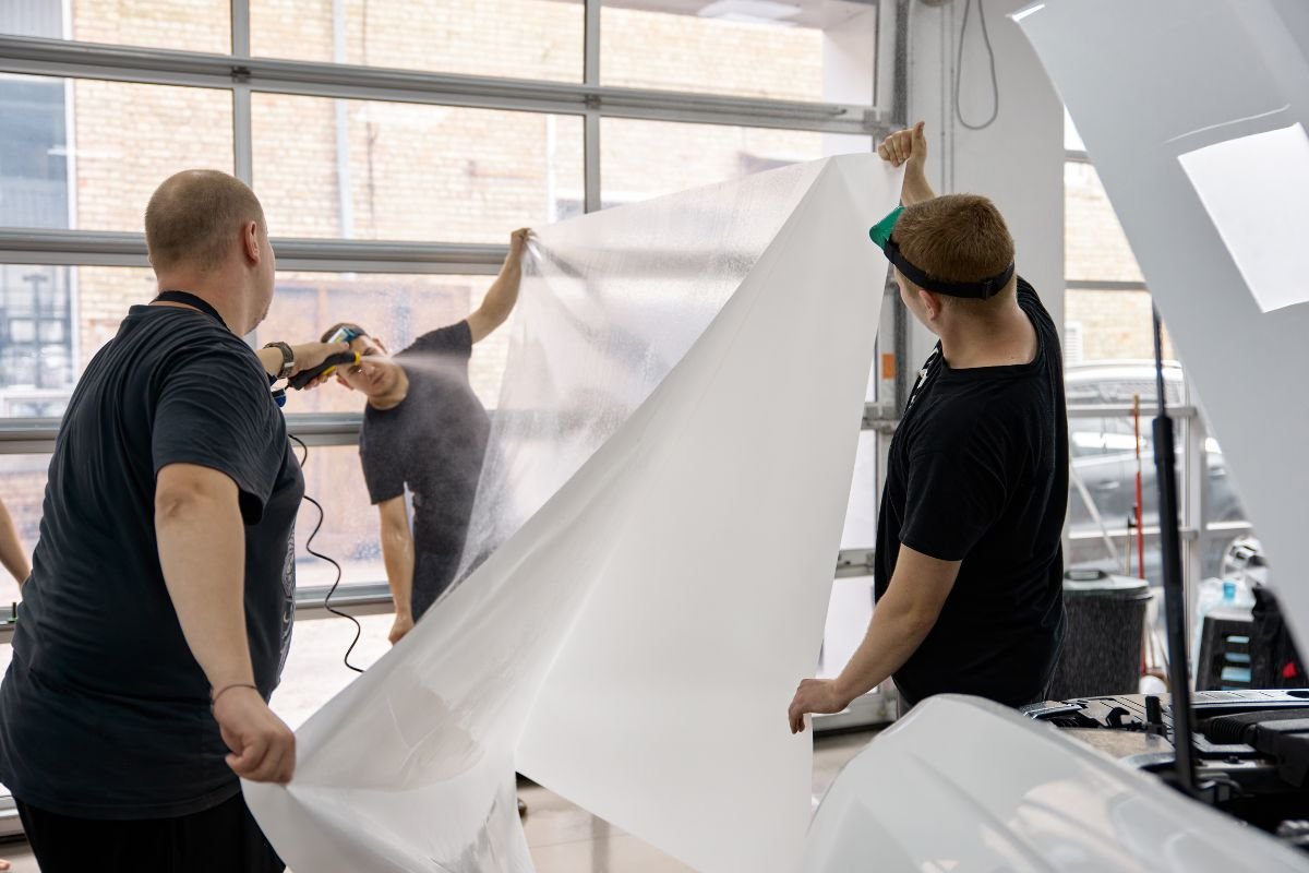 Técnico instalando película de protección de pintura (PPF) en un auto de forma profesional.