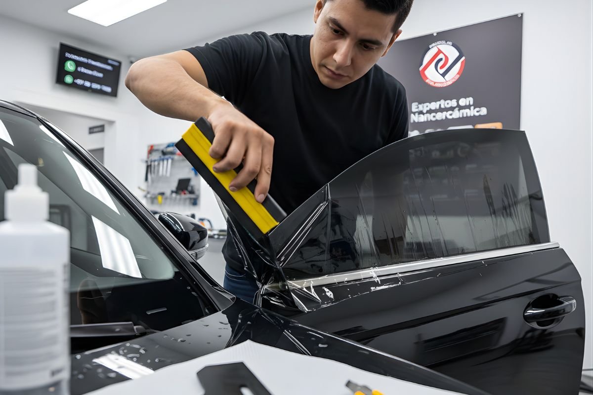 Técnico instalando película polarizada en vidrio lateral de automóvil con herramientas profesionales.