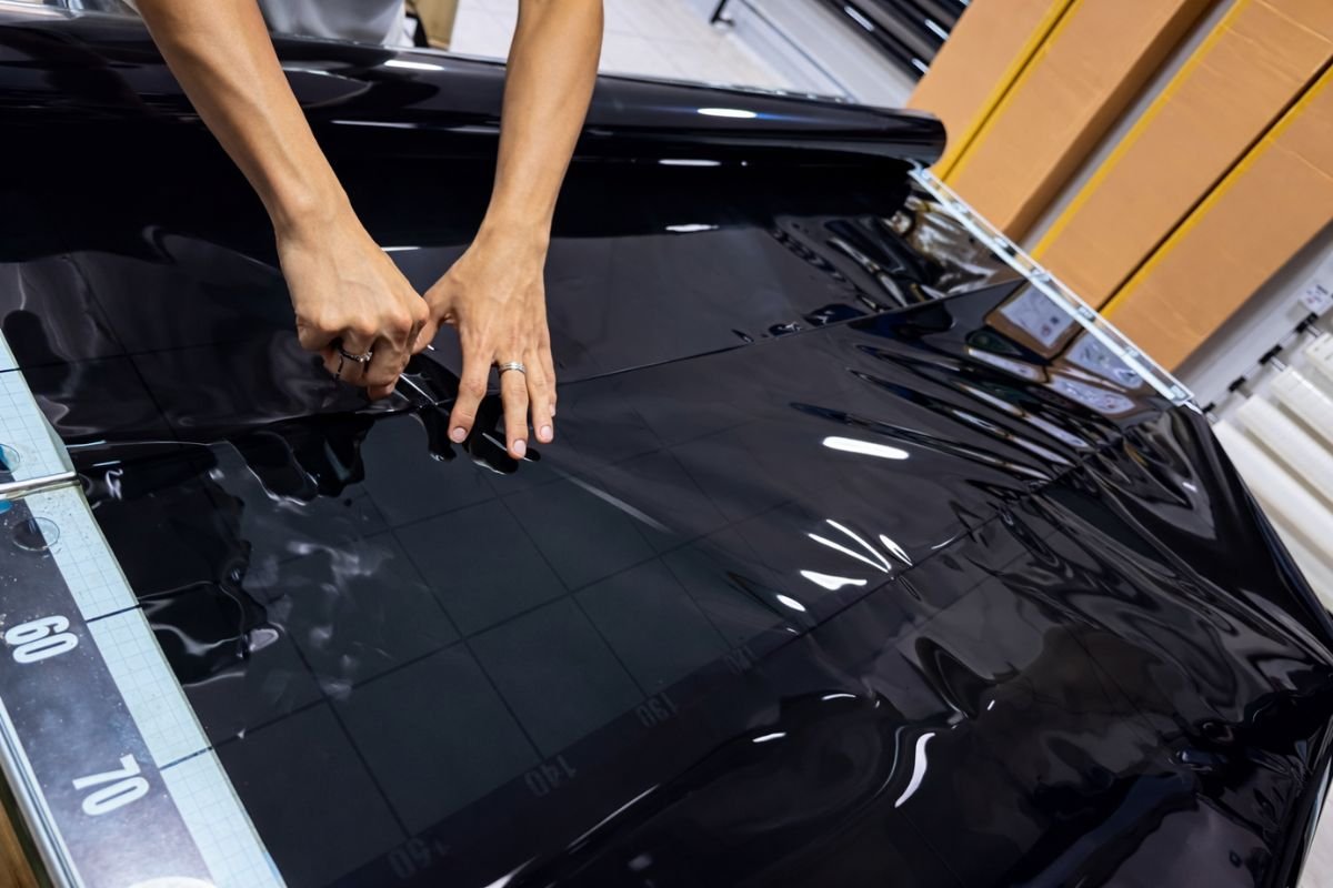 Detalle del corte de una lámina nanocerámica negra con bistuti NT Cutter