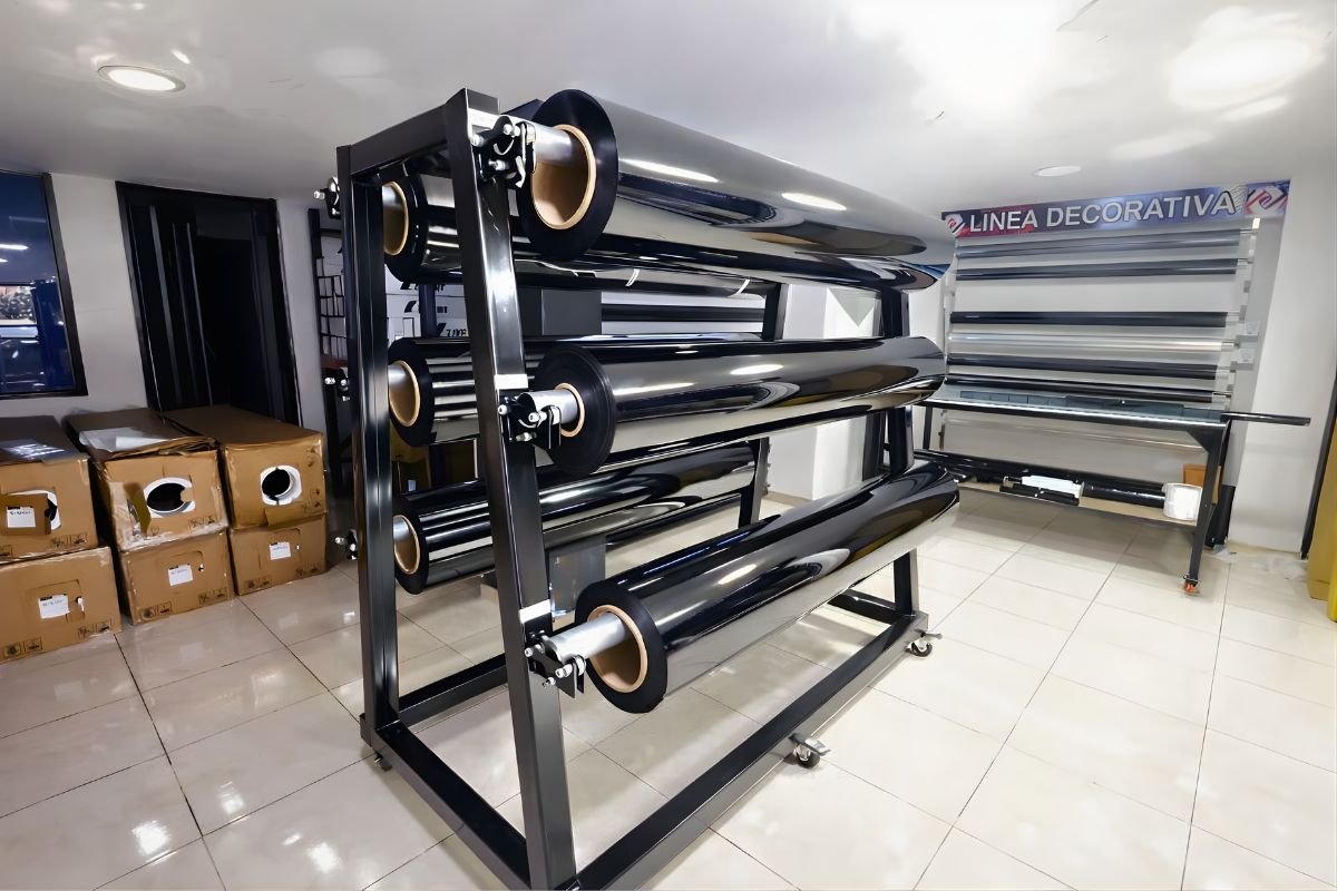 Rollos de polarizados organizados en estructura metálica distribuidos por películas y polarizados