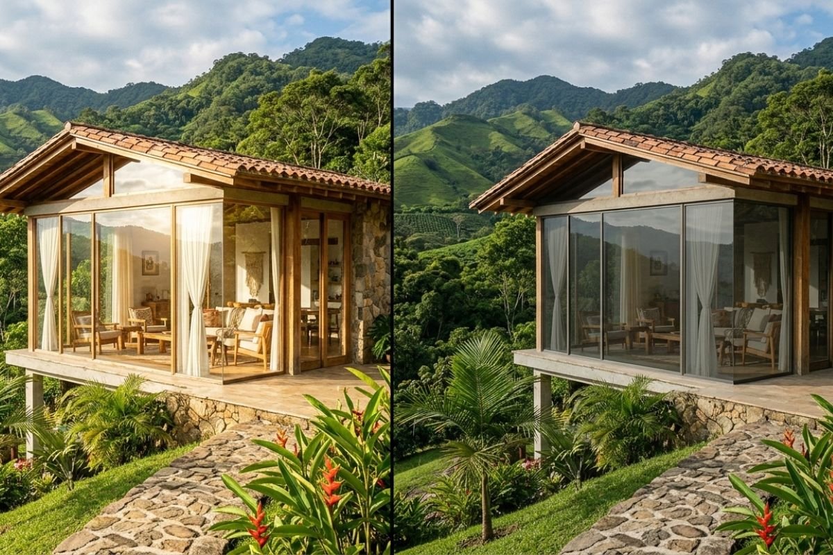 Casa campestre colombiana antes y después de instalar película de control solar en ventanas