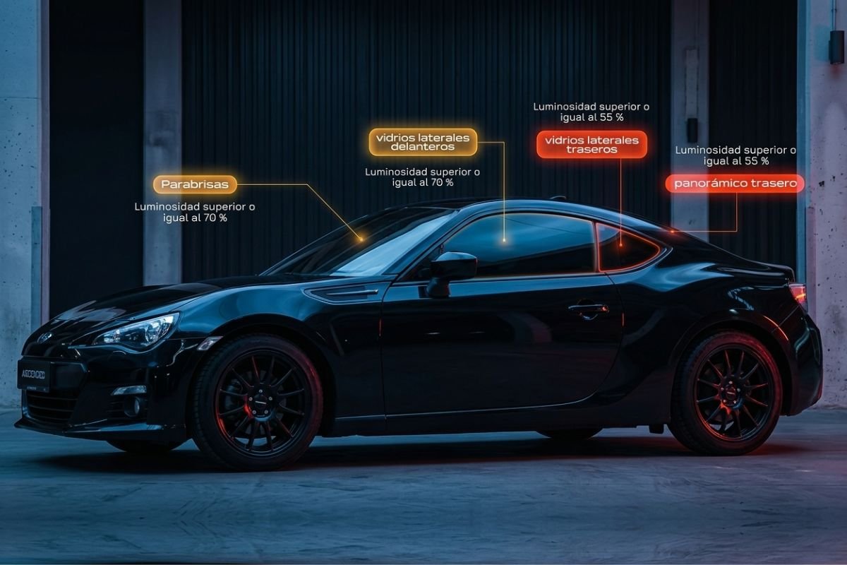 Vehículo con vidrios polarizados mostrando los porcentajes legales permitidos en Colombia 2026